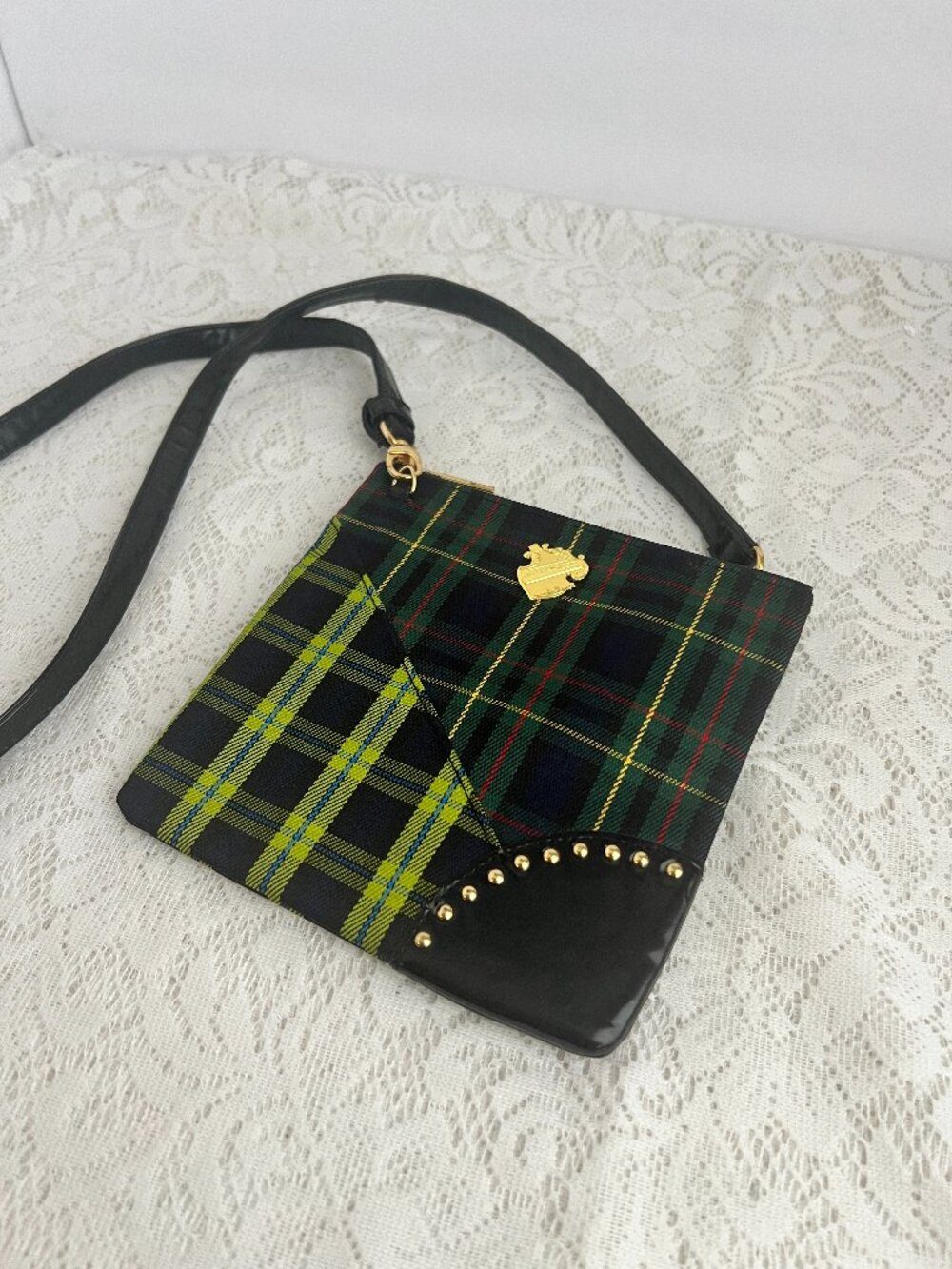 MAC Green Tartan Plaid Shoulder Bag, Gold Tone Studded Purse, Black Glossy Trim,
